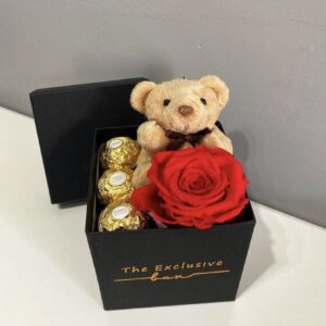 Kırmızı Solmayan Gül & Peluş Ayıcık & Çikolata Kutusu